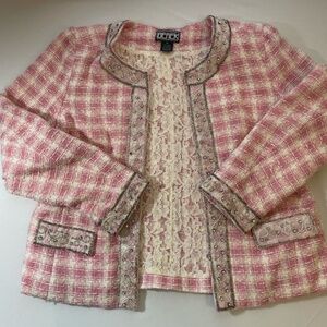 Vintage Tweed Blazer M/L-  Petite Pink Jeweled Beaded Lace Lined 90's Jacket Top